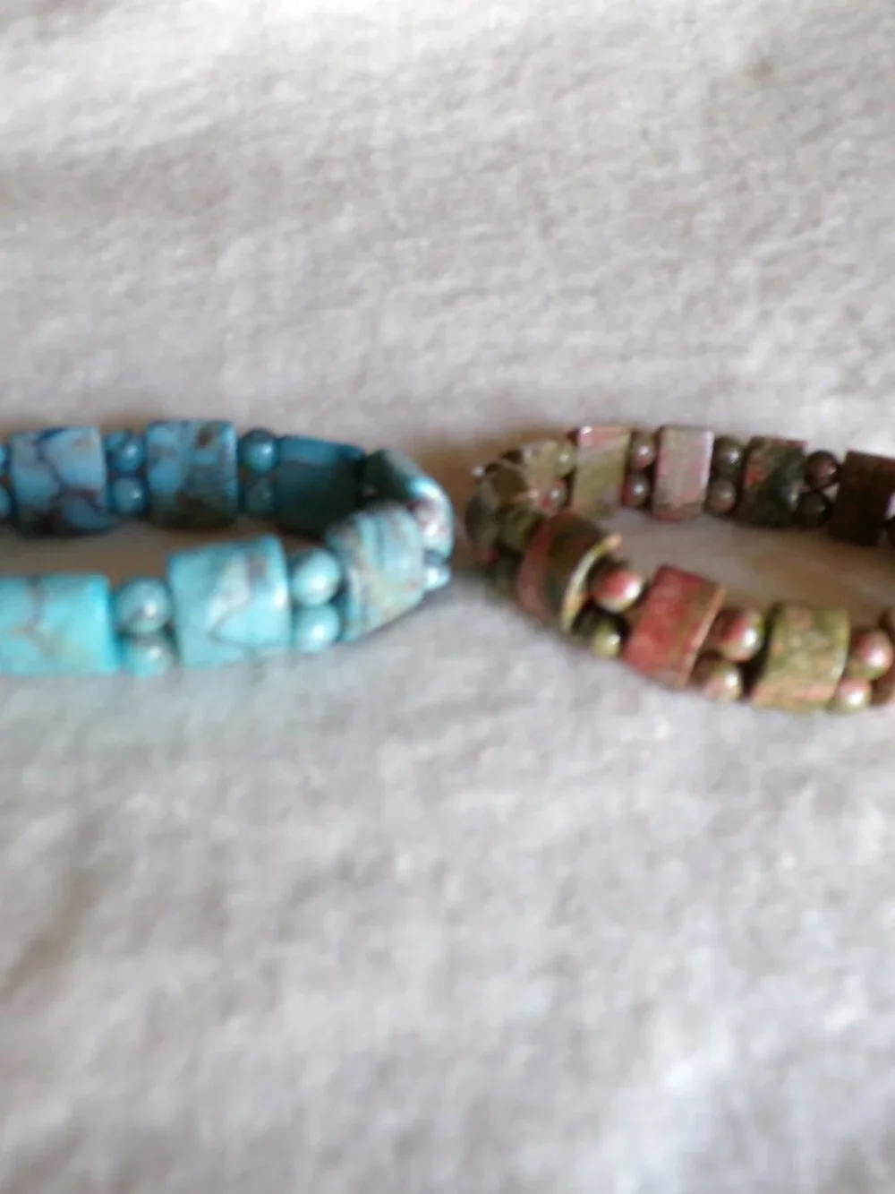 Set of 2 Blue Amazon Jasper and Green Jasper Beaded Stretch Bracelet